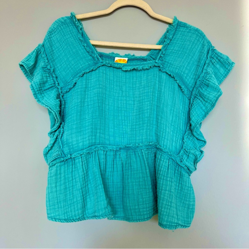 C&C Ruffle Trim Sleeve Faded Effect Blouse | Turquoise | Size: S | Woman